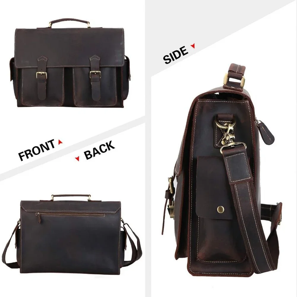 Mens Full Grain Leather Laptop Briefcase Business Messenger Bag Satchel With YKK